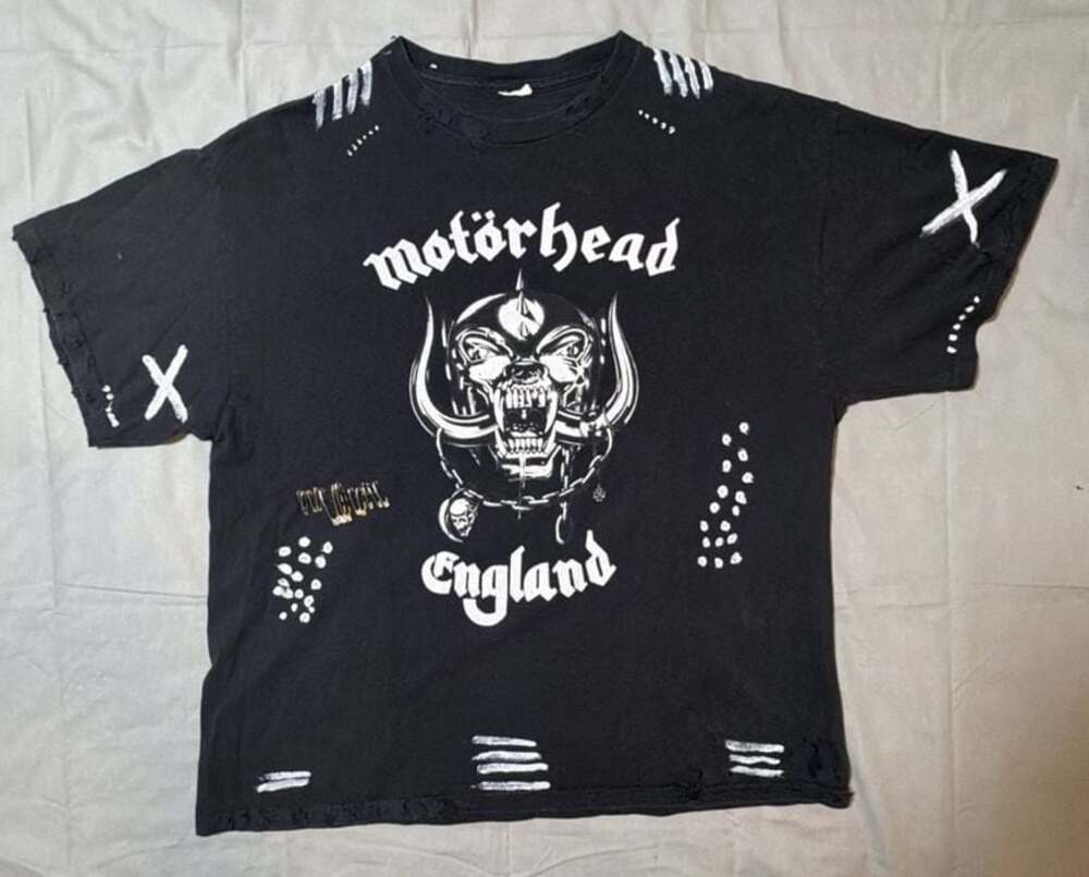 Custom DIY Distressed Motorhead England Warpig Graphic T-Shirt with Safety Pins